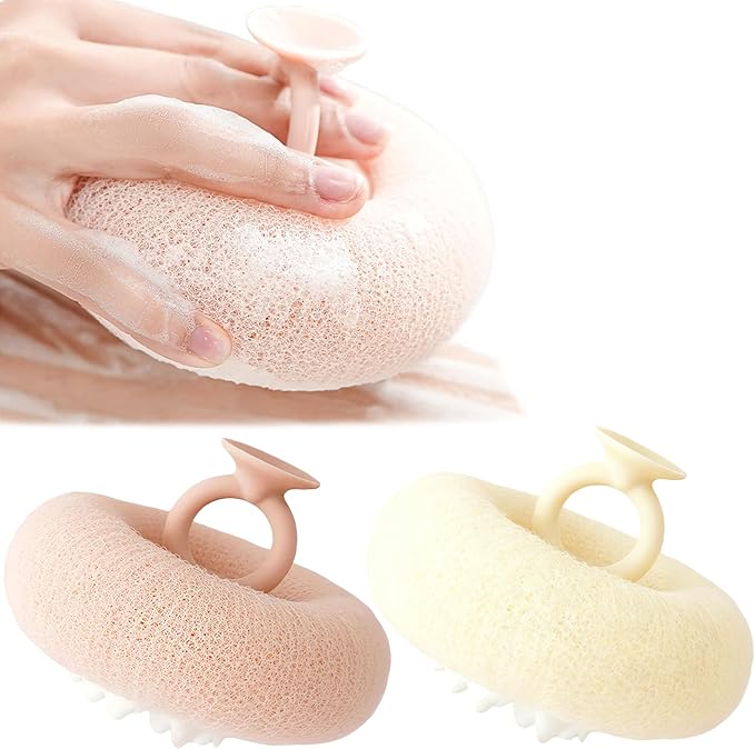 XILEDUO 2-in-1 Super Soft Sunflower Suction Cup Bath Ball, New Upgraded Exfoliating Mesh Shower Loofah Pouf Shower Ball with Finger Rings, Body Scrubber Bath Sponge Cleaning Brush for Women, Men (Pink+Beige) - Image 2